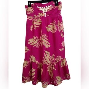 Shoshanna 100% Silk Fuschia Tropical Pink Tan Leaf Print Dress Beads Size 2
